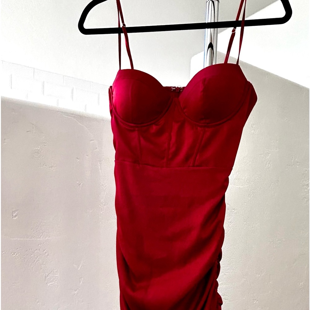 Oh Polly Red Satin Bustier Slip Dress